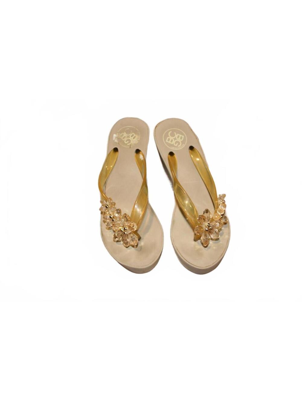 BCBG Beige Platform Wedge Flip Flop Sandals with Gold Floral Embellishments